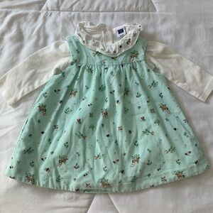 Janie and Jack Corduroy Green Baby Dress Set with Animal and Floral Design 3-6 M